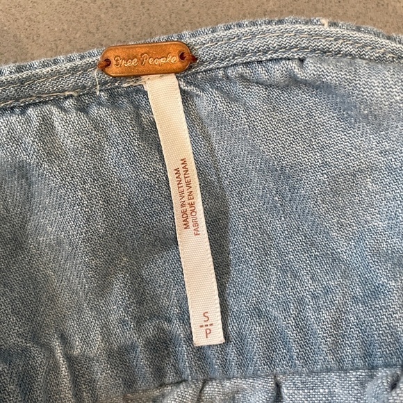 Free People Sophie Light Wash Denim Balloon Sleeve Wrap Crop Top - Picture 9 of 10